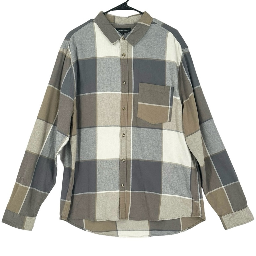 Cotton On Garment’s Camden Men’s Collared Button Up Shirt Stone Plaid Size 2XL